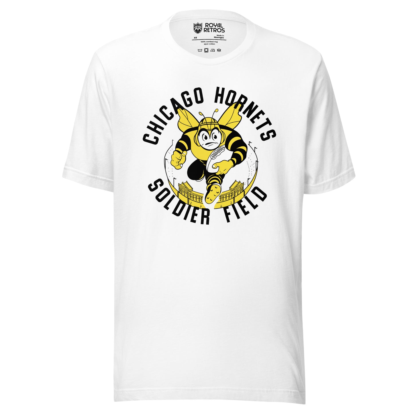 Chicago Hornets AAFC T-shirt. White. CHICAGO HORNETS arched in black over cartoon angry hornet rushing toward viewer with football, on top of yellow and black stadium. SOLDIER FIELD in black arched below. Royal Retros