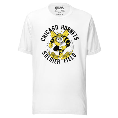 Chicago Hornets AAFC T-shirt. White. CHICAGO HORNETS arched in black over cartoon angry hornet rushing toward viewer with football, on top of yellow and black stadium. SOLDIER FIELD in black arched below. Royal Retros