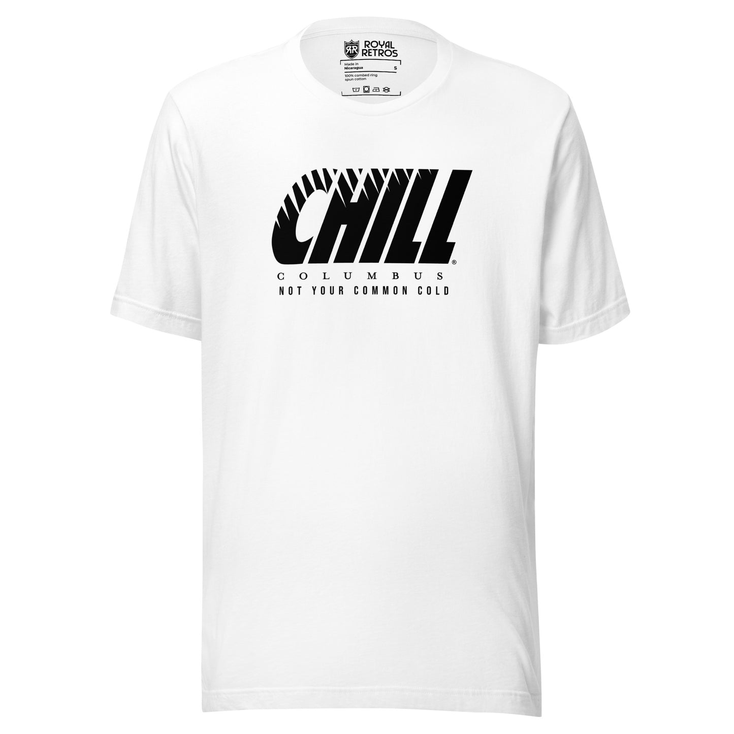 Columbus Chill Not Your Common Cold ECHL T-shirt. White. CHILL in black, angled. Jagged white inserts across top of letters, diminishing to the right. COLUMBUS in black, small below. NOT YOUR COMMON COLD evenly sized below that. Royal Retros