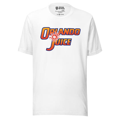 Orlando Juice Baseball T-shirt. white. Orlando in orange and red striped letters. Juice in orange and red striped letters below. Baseball splash on red above the J. Royal Retros