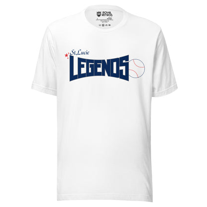 St. Lucie Legends baseball shirt. White. St. Lucie small to left. LEGENDS below large. Baseball to the right. Royal Retros