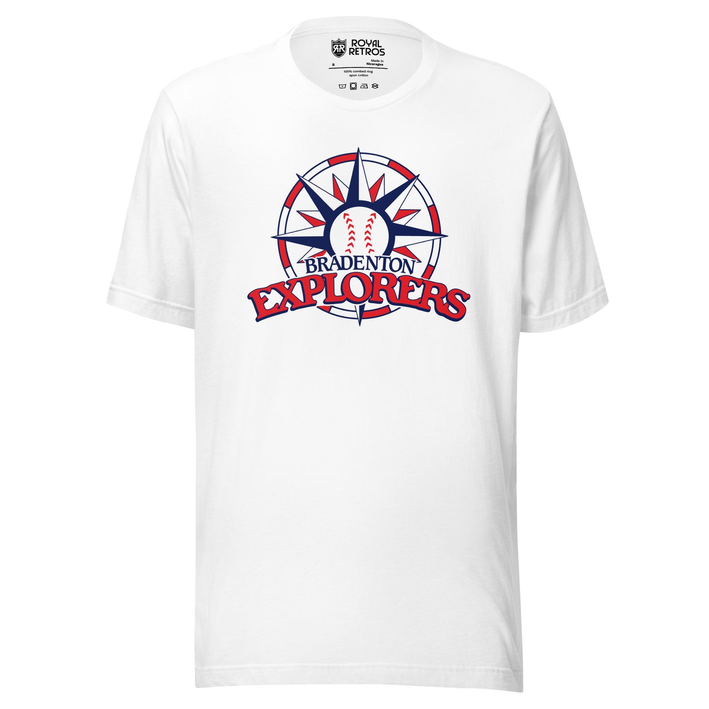 Bradenton Explorers baseball T-shirt. White. Circle with alternating red and white blocks. Compass star inside with alternating red and blue pattern, baseball in center. BRADENTON small in blue above EXLORERS in red across bottom of circle. Royal Retros