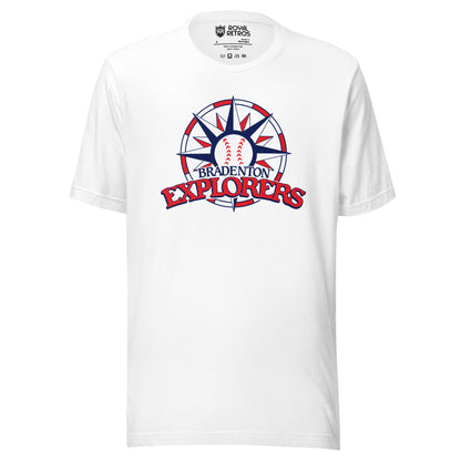 Bradenton Explorers baseball T-shirt. White. Circle with alternating red and white blocks. Compass star inside with alternating red and blue pattern, baseball in center. BRADENTON small in blue above EXLORERS in red across bottom of circle. Royal Retros