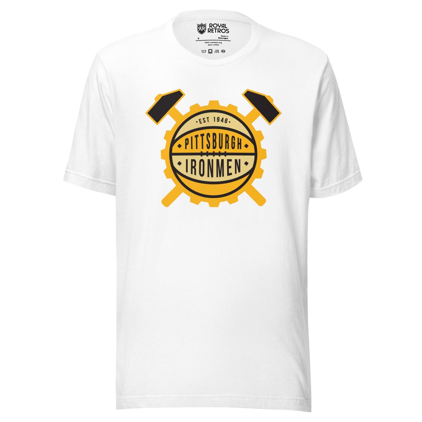 Pittsburgh Ironmen basketball T-shirt. White. Gold gear with beige and gold basketball pattern in center. Est. 1946 in first band. Pittsburgh with stars on either side in second. Ironmen in next band with stars on either side. Large mallet handles coming out of gear top right and left, handles below bottom left and right. Royal Retros