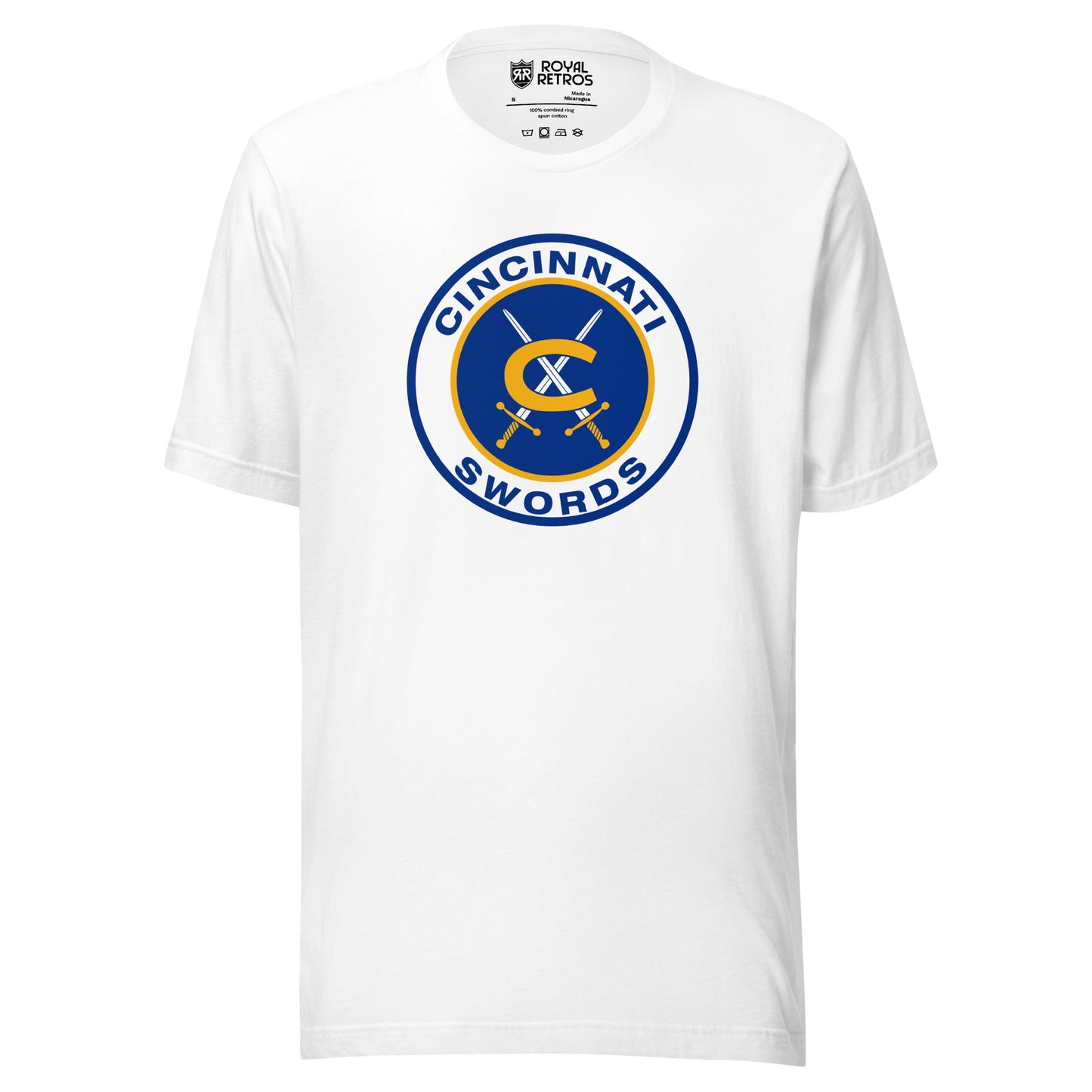 Cincinnati Swords AHL hockey T-shirt. White. Thick white circle with blue background. Cincinnati in blue arched in top of circle Swords arched up in circle below. Gold C in center with two swords with gold handles crossed behind it. Royal Retros