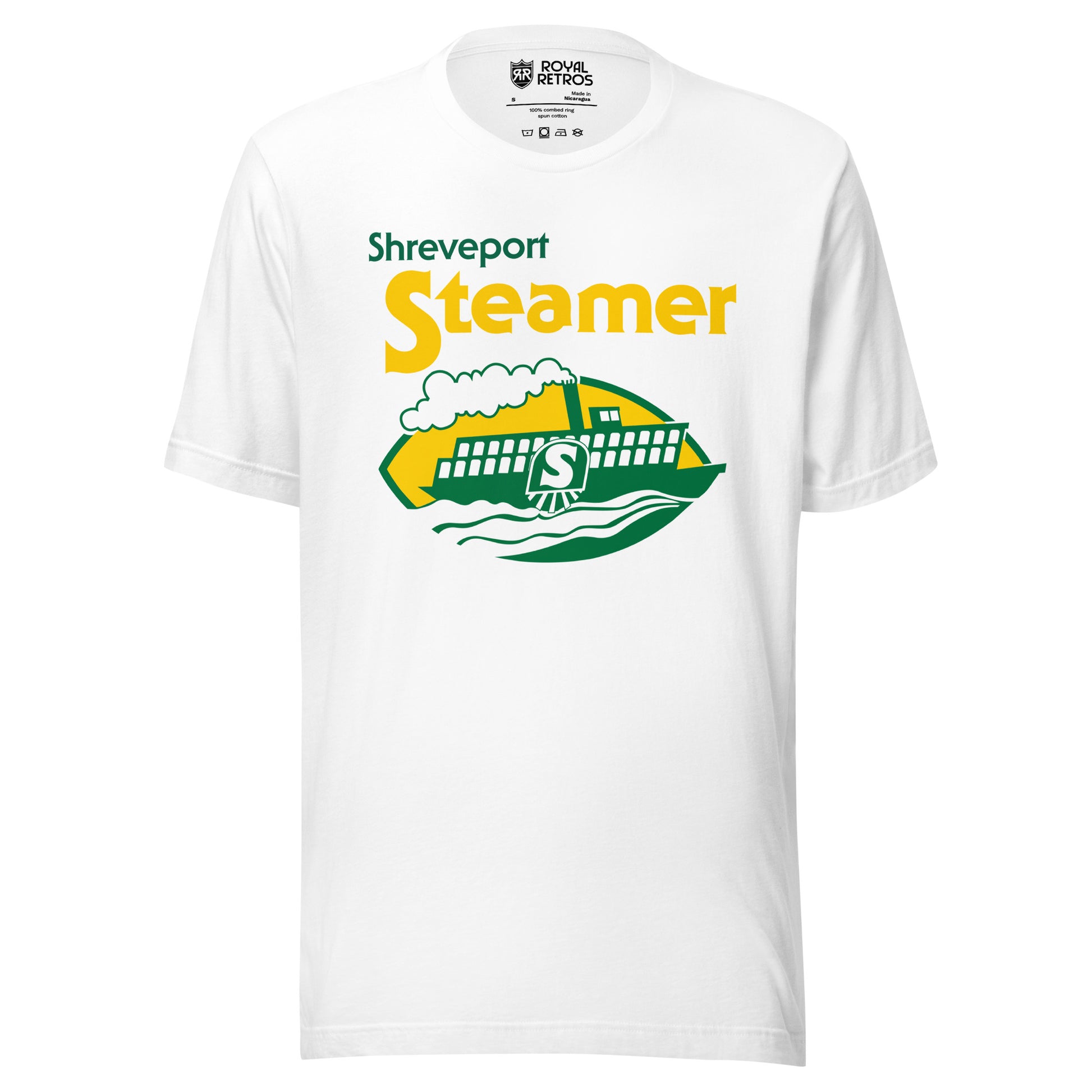 Shreveport Steamer World Football League T-shirt. White. Shreveport in green small, upper left. Steamer large in yellow below that centered. Logo below is a cartoon paddle wheel steamer with an S on the wheel. on green and white waves on a football shaped background. Royal Retros