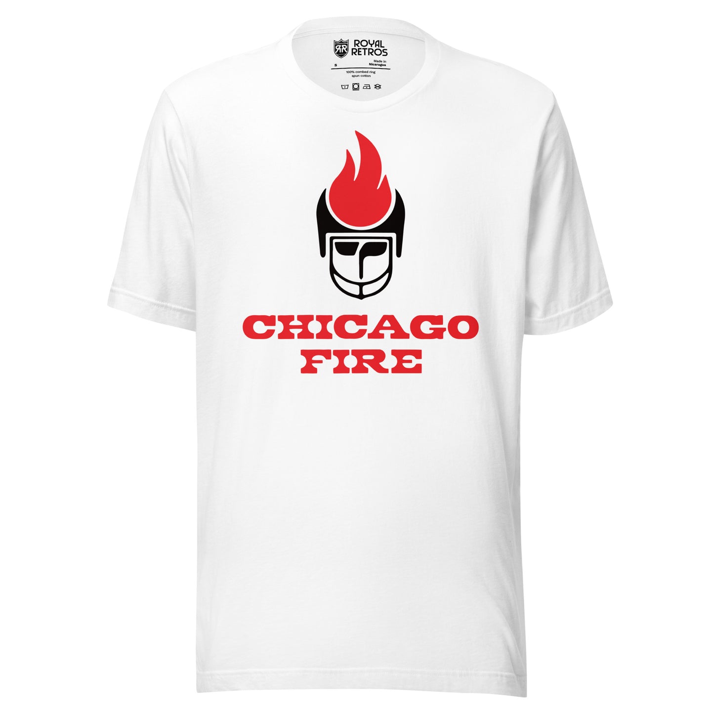 Chicago Fire World Football League T-shirt. White. Stylized player face with black helmet. Red flame on top of helmet. Chicago in red with white outline, Fire below that in red with white outline. Royal Retros