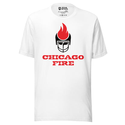 Chicago Fire World Football League T-shirt. White. Stylized player face with black helmet. Red flame on top of helmet. Chicago in red with white outline, Fire below that in red with white outline. Royal Retros