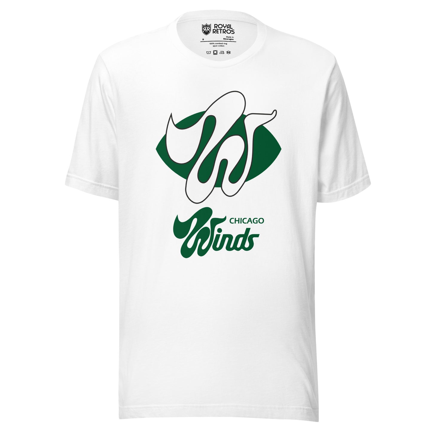 The Chicago Winds World Football League T-shirt. White. Green football shape with wildly stylized large white W over top. Chicago small in green below right. Winds larger below centered in green. Royal Retros
