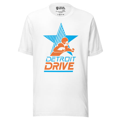 Detroit Drive Arena Football League T-shirt White. Blue star, half of which is stripes. Stylized player from waist up running to the right with football. Detroit in blue below, DRIVE in orange centered below that, underlined in blue. Royal Retros