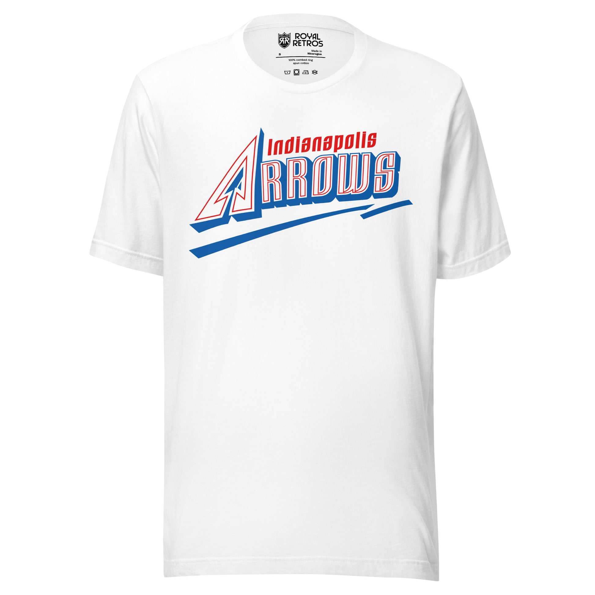 Indianapolis Arrows baseball T-shirt. White. ARROWS in white with red trim inside letters. Blue shadow under letters. Blue underline beneath with white trim. Royal Retros