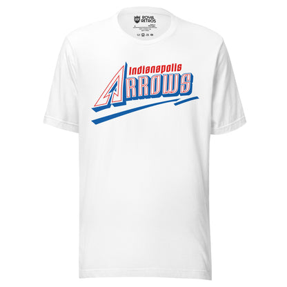 Indianapolis Arrows baseball T-shirt. White. ARROWS in white with red trim inside letters. Blue shadow under letters. Blue underline beneath with white trim. Royal Retros