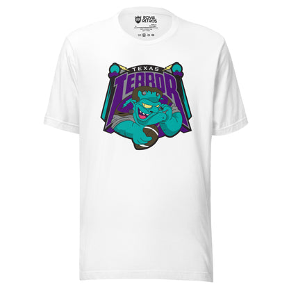 Texas Terror Arena Football League T-shirt. White. Texas small in white above purple, large Terror, with T and R extending down. Terror is above a cartoon Frankenstein from the shoulders up, open-mouth grin and holding a football in his right hand. Orbs on sticks on either side of logo. Royal Retros