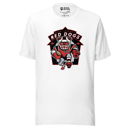 New Jersey Red Dogs Arena Football League T-shirt. White. Shield outline in red and white. Inside, New Jersey small in red. RED DOGS in white larger below. Dog in football helmet running  toward viewer carrying football. Royal Retros