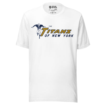 New York Titans T-shirt. American Football League. White. Football player to the left, arms outstretched , running toward viewer. TITANS to right in gold, with large T. Of New York below in blue. Royal Retros.