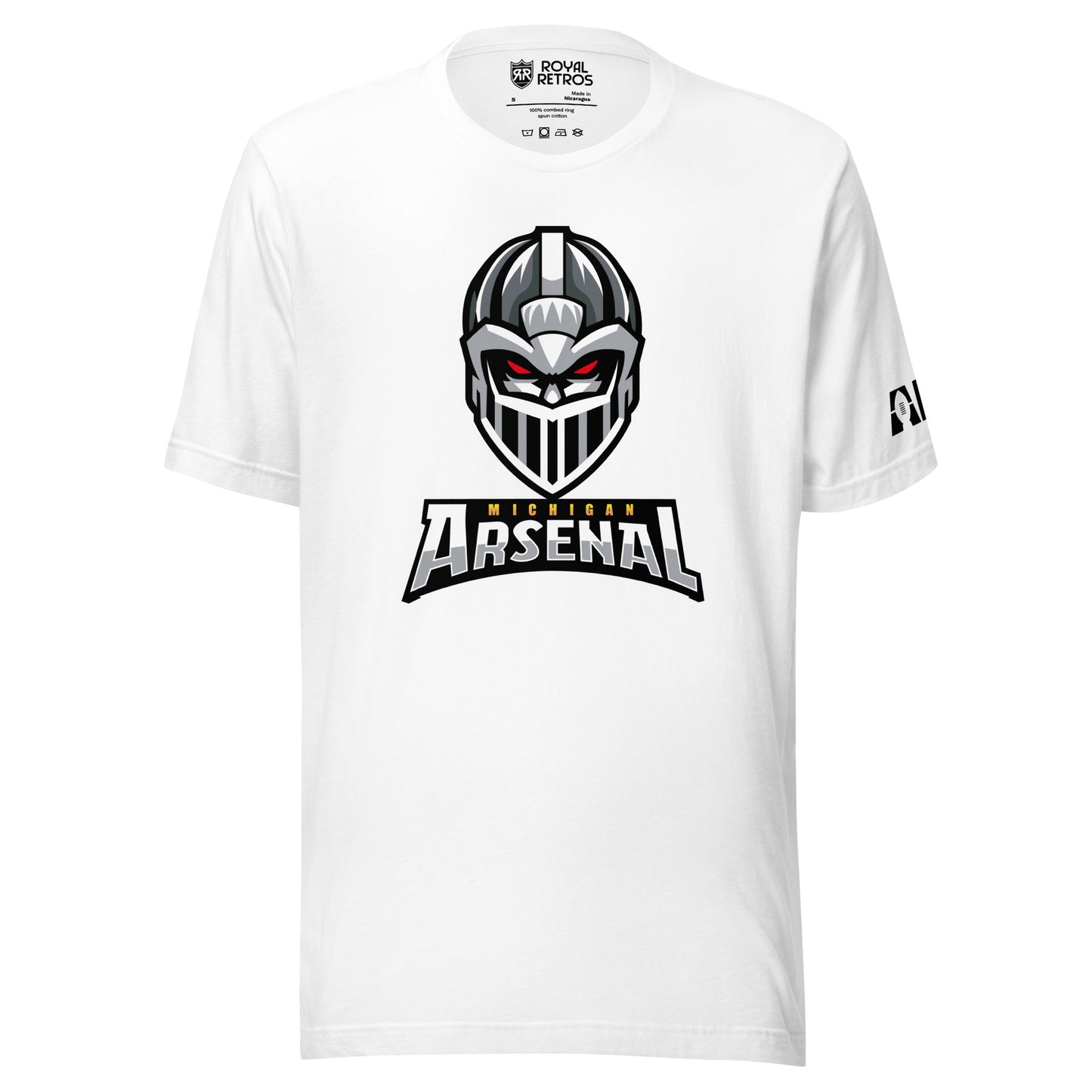 Michigan Arsenal T-shirt. White. Knights helmet facing viewer. Michigan small in yellow above Arsenal in silver below. Royal Retros