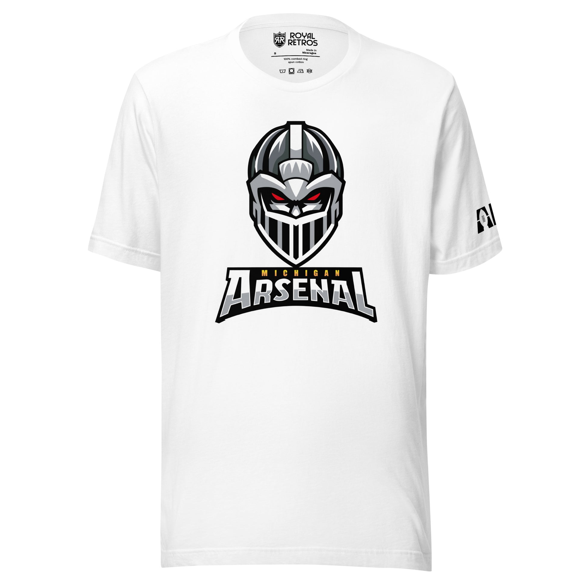 Michigan Arsenal T-shirt. White. Knights helmet facing viewer. Michigan small in yellow above Arsenal in silver below. Royal Retros