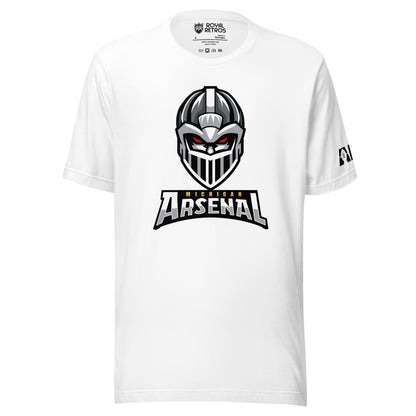 Michigan Arsenal T-shirt. White. Knights helmet facing viewer. Michigan small in yellow above Arsenal in silver below. Royal Retros