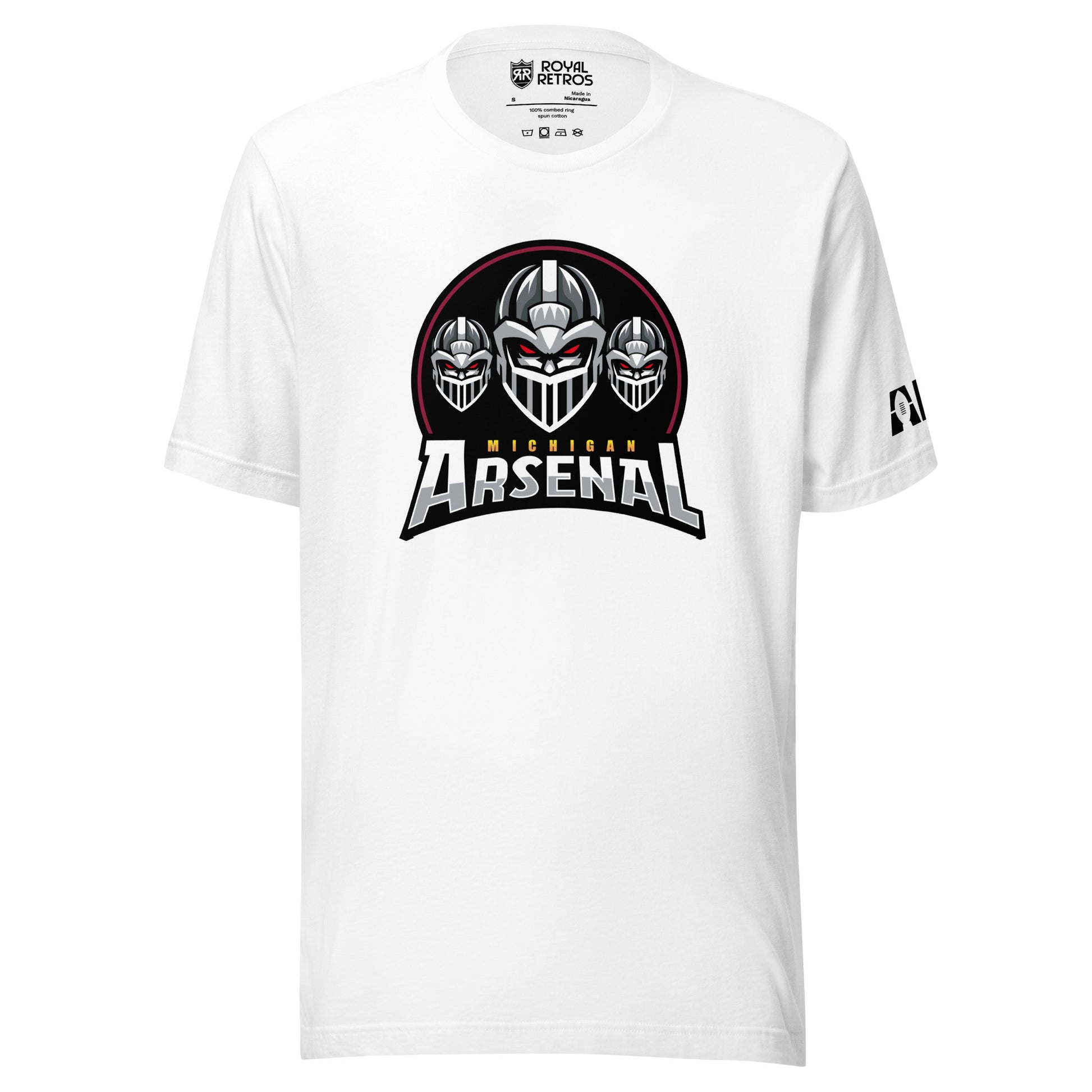 Michigan Arsenal Alternate T-shirt. White. Three Knights helmets facing viewer. Michigan small in yellow above Arsenal in silver below. Royal Retros