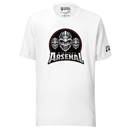 Michigan Arsenal Alternate T-shirt. White. Three Knights helmets facing viewer. Michigan small in yellow above Arsenal in silver below. Royal Retros