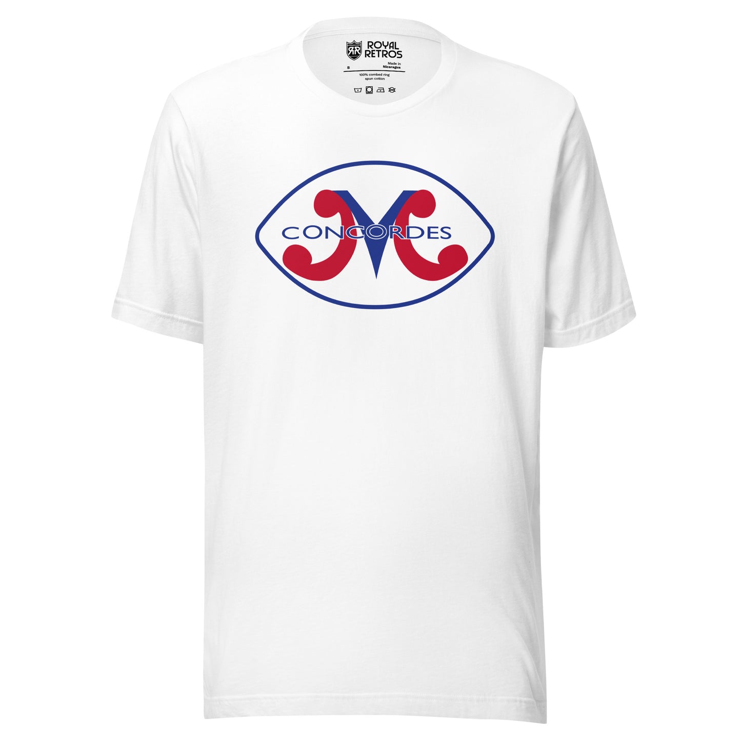 Montreal Concordes T-shirt. White. Football shaped white background with blue inner trim. M with red legs and blue center. Concordes in blue over top. Royal Retros