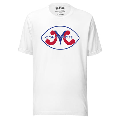 Montreal Concordes T-shirt. White. Football shaped white background with blue inner trim. M with red legs and blue center. Concordes in blue over top. Royal Retros