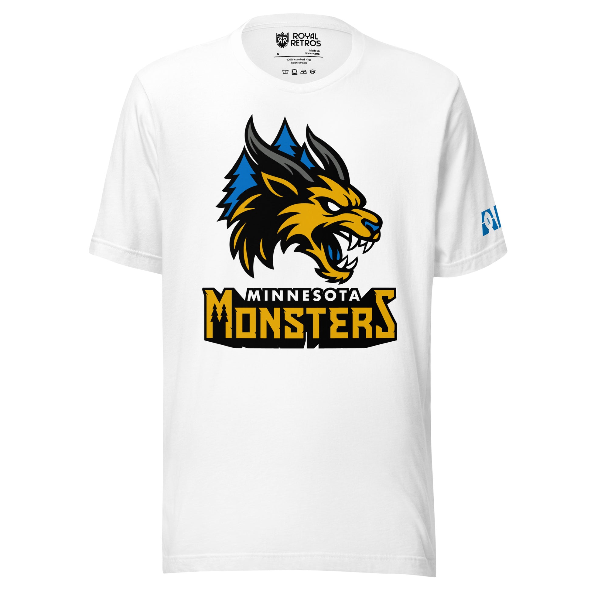 Minnesota Monsters AF1 arena football T-shirt. White. Gold, black, and gray monster head over blue pine trees. Minnesota small in white below, Monsters below larger in gold, both outlined together in black. Royal Retros.