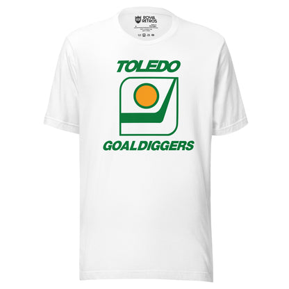 Toledo Goaldiggers hockey T-shirt. White. Toledo in green above green outlined square. Inside is a hockey blade with a gold puck with green trim above. Goaldiggers in green below. square. Royal Retros