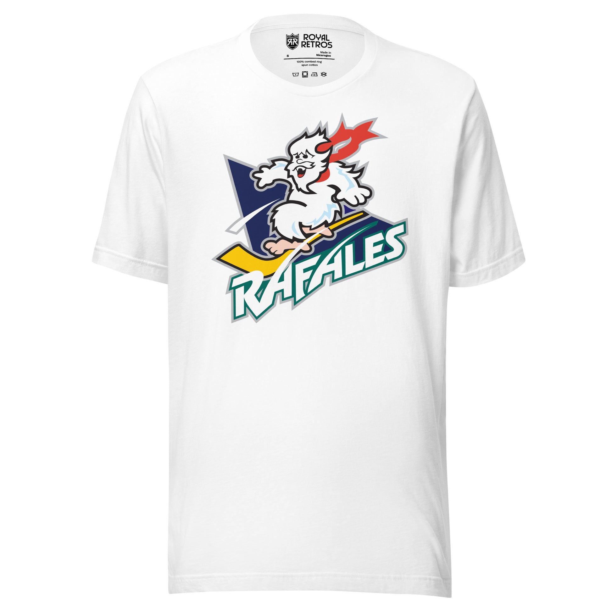 Quebec Rafales hockey T-shirt. White. White Yeti riding a yellow hockey stick over a purple triangle. RAFALES angled in white with blue trim below. Royal Retros.