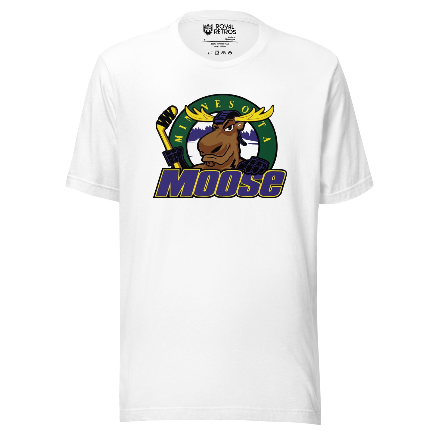 Minnesota Moose hockey T-shirt. White. Moose logo of moose holding hockey stick over green circle with yellow Minnesota and MOOSE in purple with yellow trim across and over bottom of circle. Royal Retros
