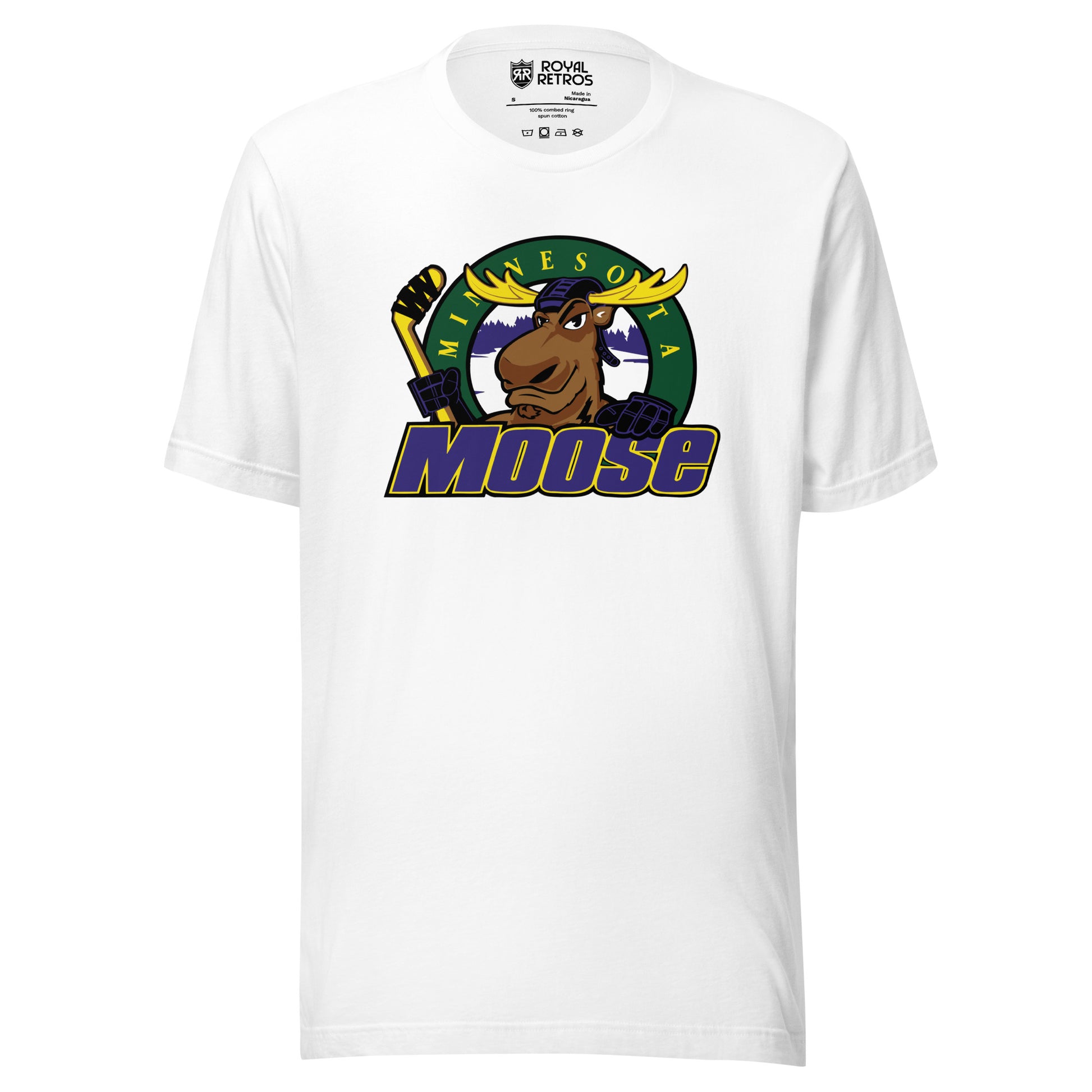Minnesota Moose hockey T-shirt. White. Moose logo of moose holding hockey stick over green circle with yellow Minnesota and MOOSE in purple with yellow trim across and over bottom of circle. Royal Retros