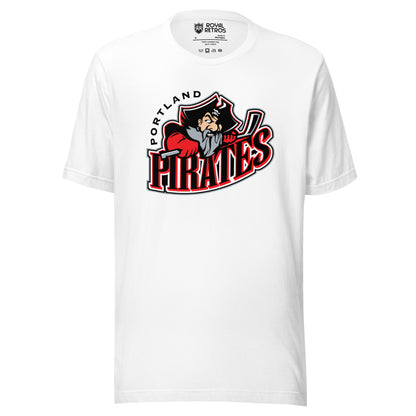 Portland Pirates hockey T-shirt. White. Portland arched in black to the left. Cartoon pirate from the shoulders up, holding hockey stick over PIRATES in black with red and white trim. Royal Retros. 