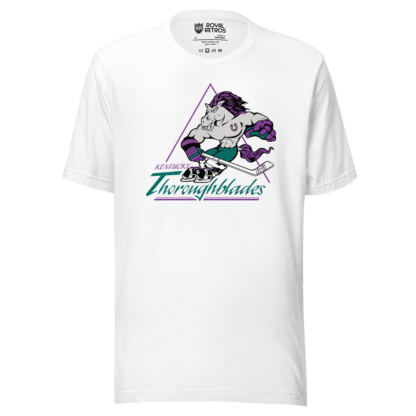 Kentucky Thoroughblades hockey T-shirt white. Cartoon horse, gray with purple mane and tail, holding hockey stick. Kentucky small Thoroughblades. Royal Retros