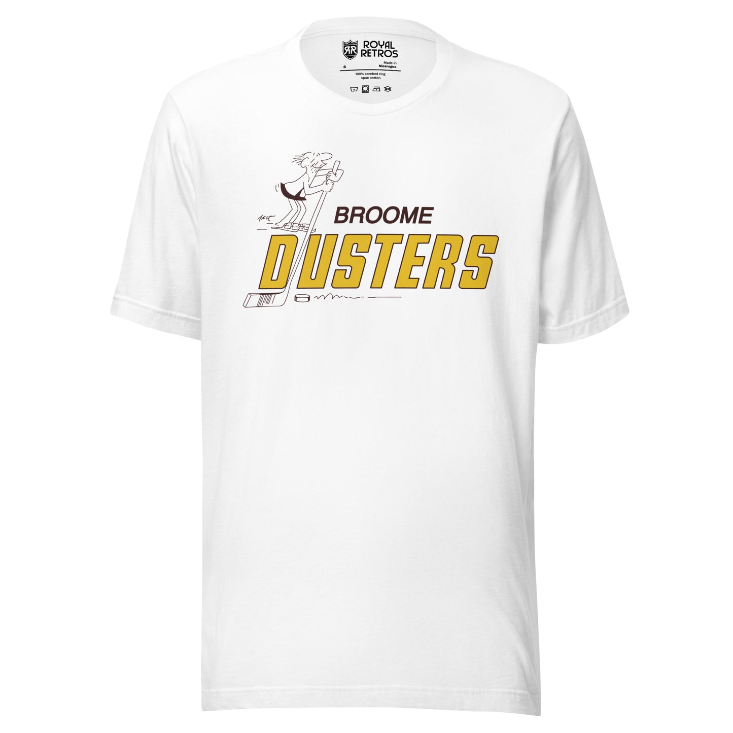 Broome Dusters hockey T-shirt. Black. Caveman standing on D in Dusters, gold, holding a large hockey stick. Broome small in black above. Royal Retros. 