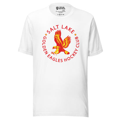 Salt Lake Golden Eagles hockey T-shirt. White. Salt Lake in red arched above, Golden eagles Hockey Club in red, arched up below, separated by two gold circles. Inside is an image of a red and gold eagle, wings up as it diving on prey. Royal Retros