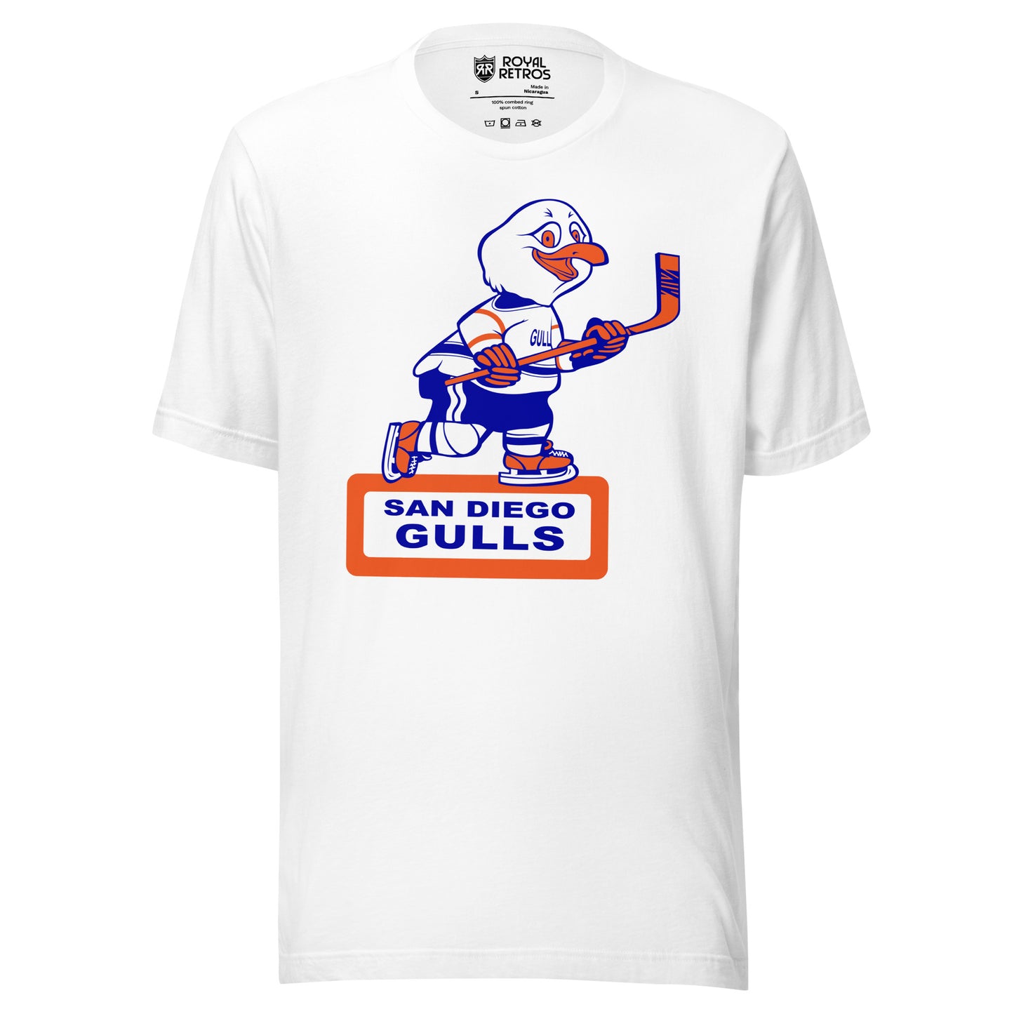 San Diego Gulls T-shirt. White. Animated Gull, white with blue and orange trim, skating and holding a hockey stick. Orange box underneath with white background. San Diego in blue above Gulls larger in rectangle. Royal Retros