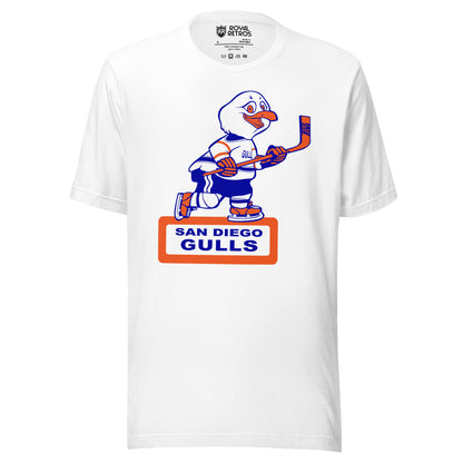 San Diego Gulls T-shirt. White. Animated Gull, white with blue and orange trim, skating and holding a hockey stick. Orange box underneath with white background. San Diego in blue above Gulls larger in rectangle. Royal Retros