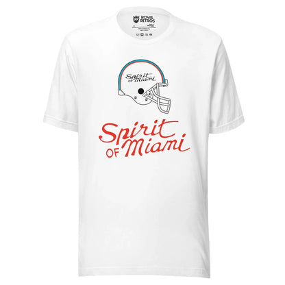 Spirit of Miami football T-shirt. White. Logo is white helmet in profile with blue and orange stripes. "Spirt of Miami" in orange script inside helmet and larger below. 