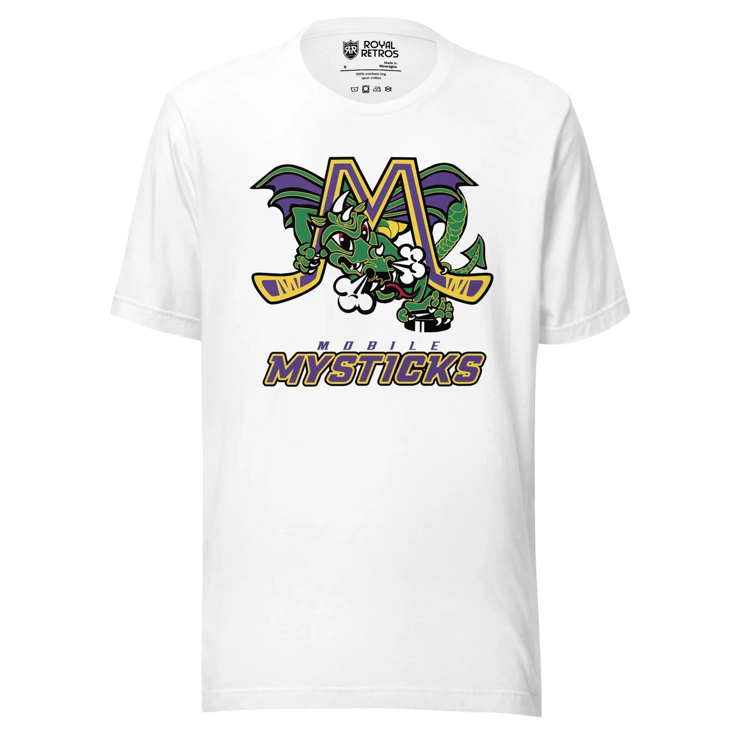Mobile Mysticks T-shirt. White. Logo on chest is an gold M with yellow trim, hockey sticks forming the legs. Large dragon green with purple wings poking through letter. Mobile in purple small above MYSTICKS in purple with gold trim large below. Royal Retros.