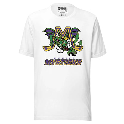 Mobile Mysticks T-shirt. White. Logo on chest is an gold M with yellow trim, hockey sticks forming the legs. Large dragon green with purple wings poking through letter. Mobile in purple small above MYSTICKS in purple with gold trim large below. Royal Retros.