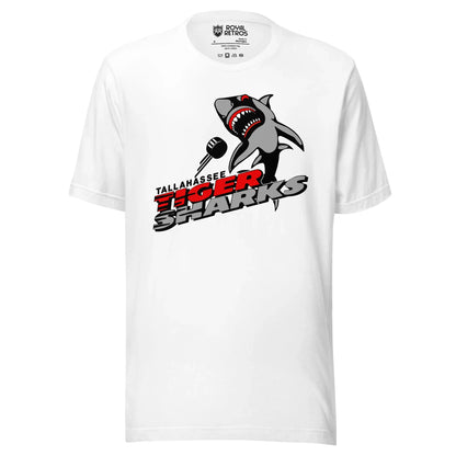 Tallahassee Tiger Sharks hockey T-shirt. White. Logo is a shark swimming toward viewer with Tallahassee small in black with white trim above Tiger  in red and Sharks in silver. Royal Retros