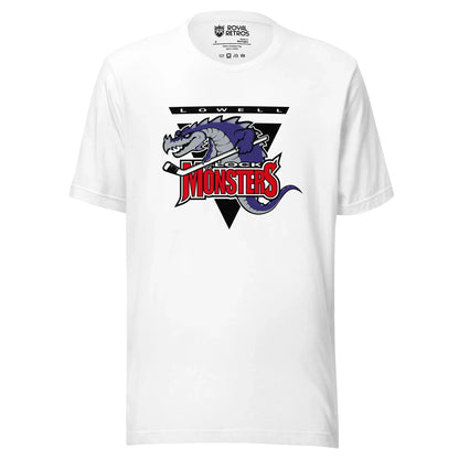 Lowell Lock Monsters T-shirt white. Logo is an upside down triangle, Lowell in white with black background at top. Purple and great dragon with hockey stick over MONSTERS in red. Royal Retros. 