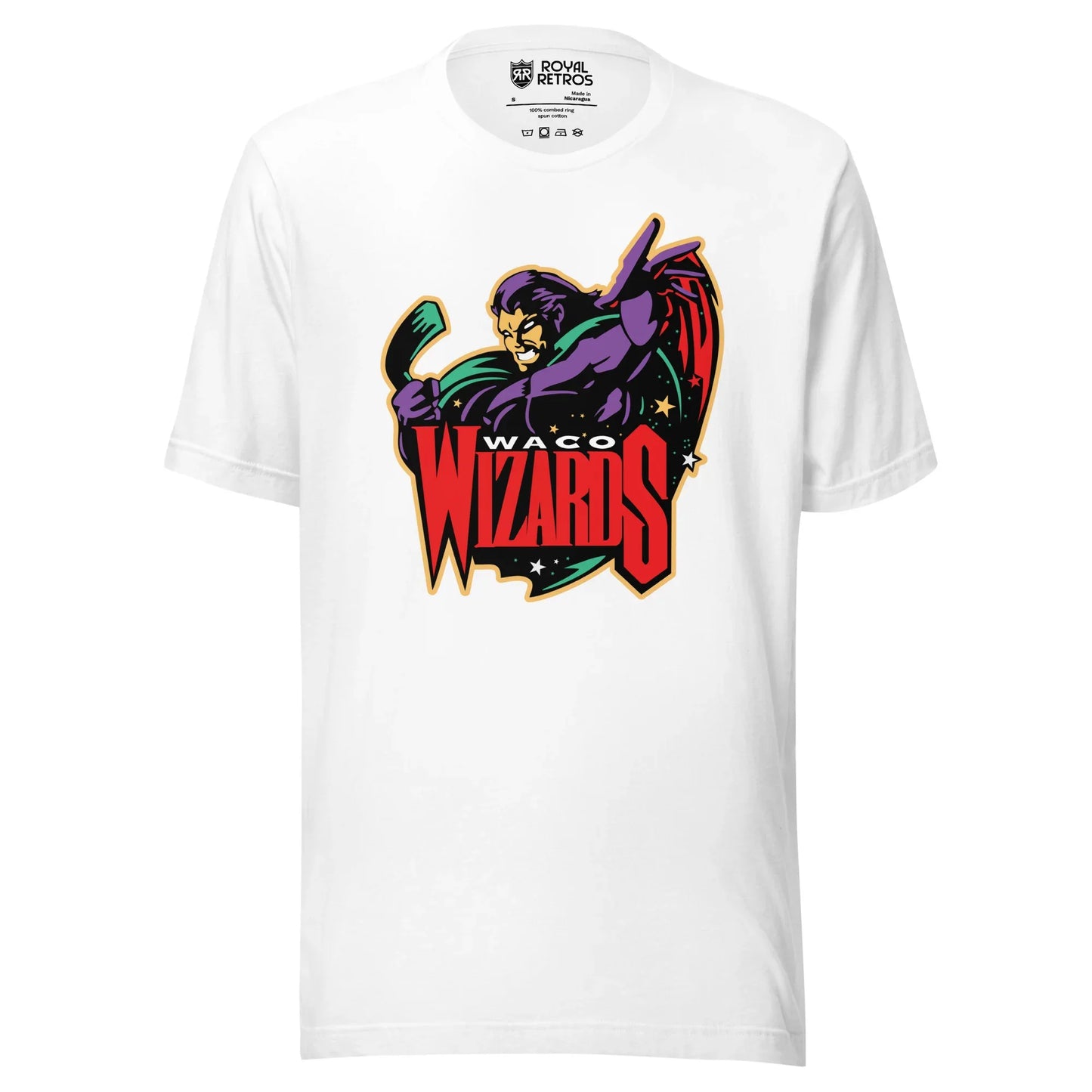 Waco Wizards T-shirt. White.  Logo is a purple wizard holding a hockey stick. Waco small in white above WIZARDS in red, Royal Retros