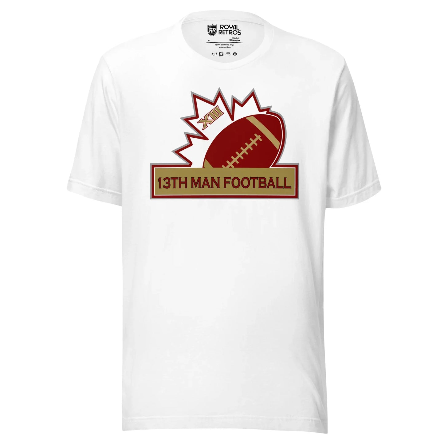 13th Man football T-shirt. White. Top of white maple leaf tilted left. Football leaning right. Gold box below with red trim with 13th Man Football in red inside. Royal Retros