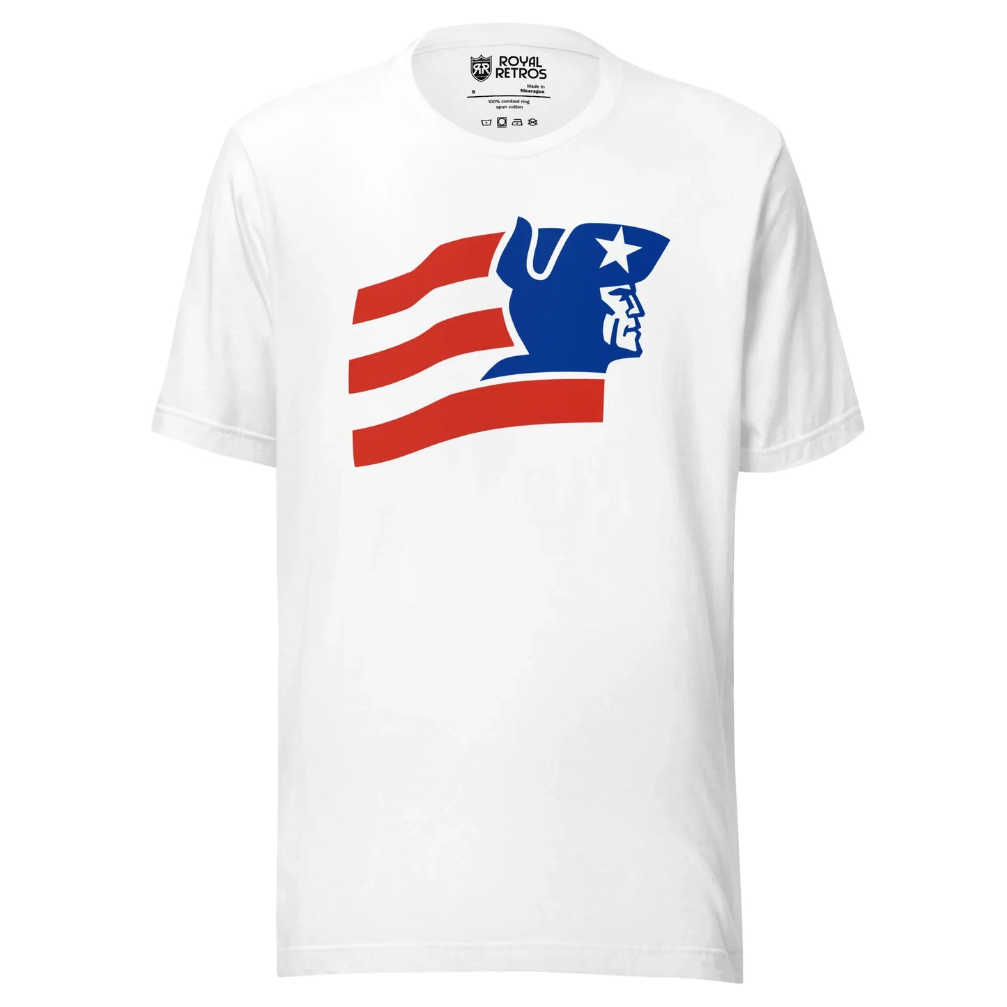 New England Patriots 1978 proposed logo Flyting Elvis T-shirt white. Alternating red an white stripes from US flag. Patriot head in blue and white to the right. Royal Retros