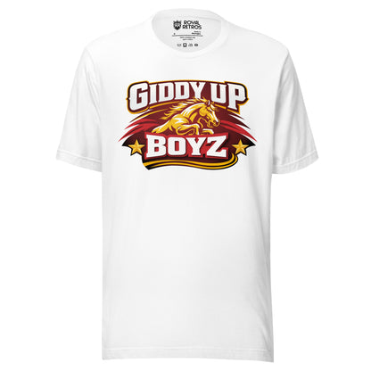 Birmingham Stallions UFL Giddy Up Boyz supporters T-shirt. White. Red oval-like shape with jagged sides on Horses head in gold bellow Giddy Up in white with red shadow. Boyz in white with red shadow blow and gold stars on either side.Royal Retros.