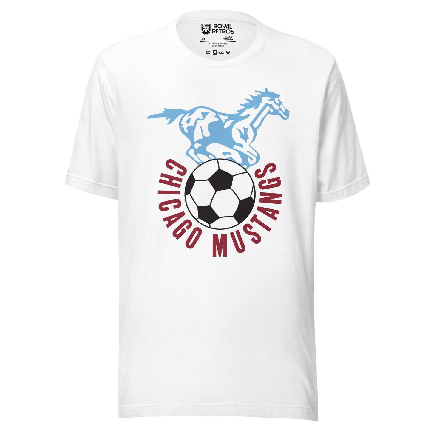 White t-shirt with a light blue illustrated galloping mustang above a soccer ball, 'Chicago Mustangs' arched in maroon letters