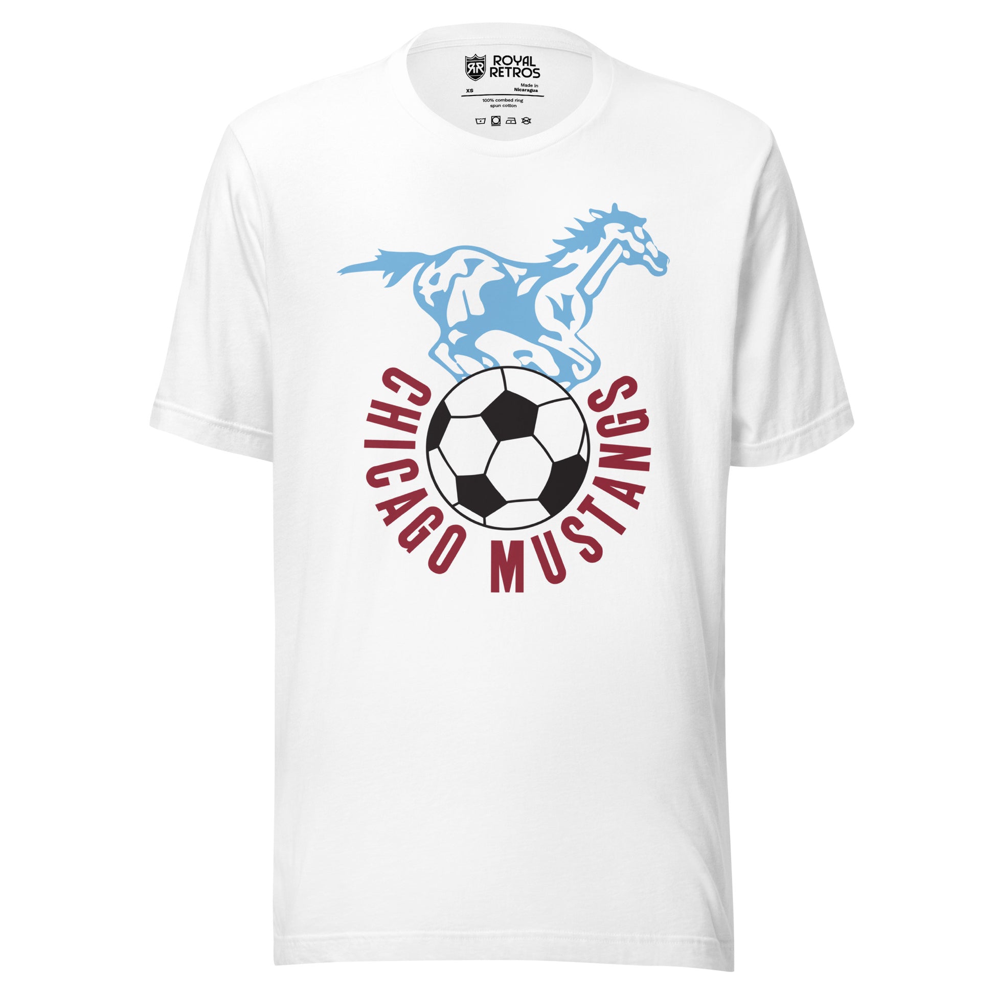 White t-shirt with a light blue illustrated galloping mustang above a soccer ball, 'Chicago Mustangs' arched in maroon letters