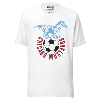 White t-shirt with a light blue illustrated galloping mustang above a soccer ball, 'Chicago Mustangs' arched in maroon letters