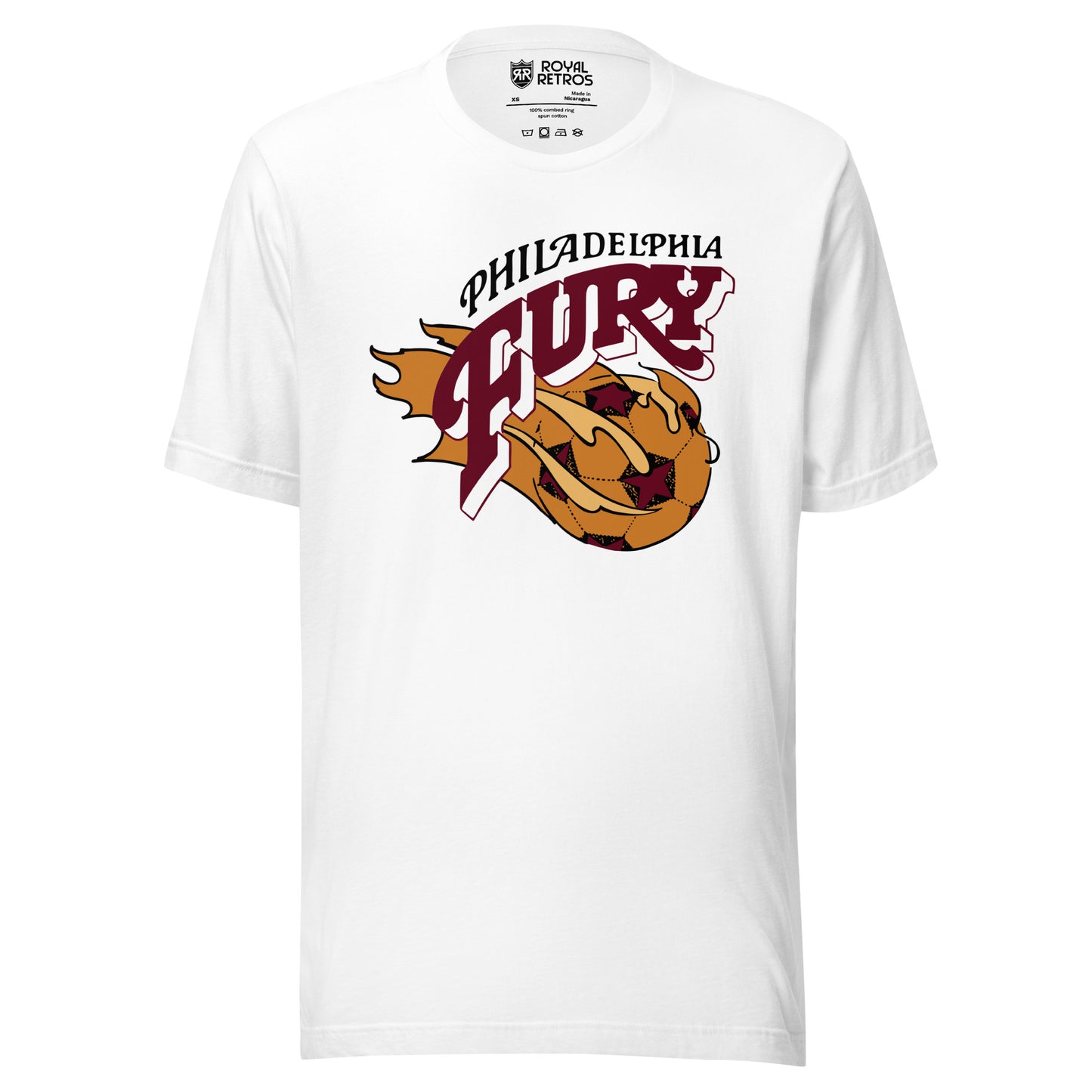 White Philadelphia Fury T-shirt featuring a gold comet-tailed soccer ball marked with stars, the FURY wordmark in white gothic lettering, and PHILADELPHIA script arched above